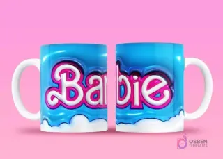 Taza sublimada con el logo 'Barbie' en estilo 3D flotante sobre fondo azul con nubes blancas