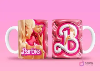 Taza sublimada con Barbie guiñando en espejo de corazón, y reverso con una 'B' gigante 3D con Barbie bailando