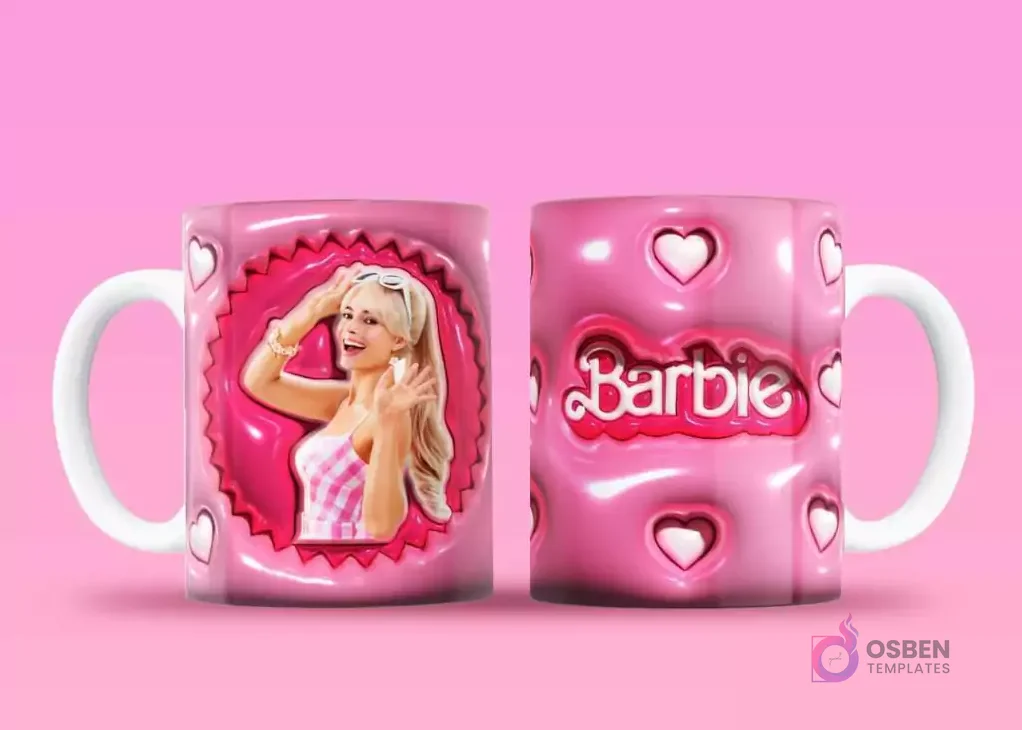 Taza sublimada con Barbie en marco burbuja rosa, saludando, y reverso con el logo 'Barbie' y corazones flotantes