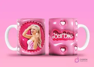 Taza sublimada con Barbie en marco burbuja rosa, saludando, y reverso con el logo 'Barbie' y corazones flotantes