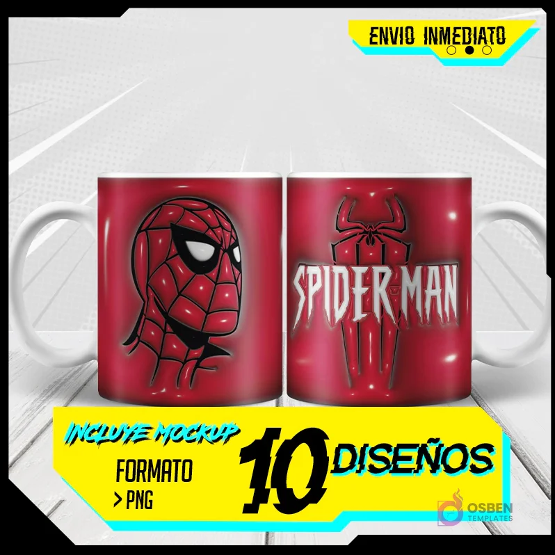 Taza blanca sublimada con diseño 3D inflado de la cabeza de Spider-Man en rojo y logo 'SPIDER-MAN' en el reverso, sobre fondo blanco con rayos de acción. Incluye banner 'ENVIO INMEDIATO' y '10 DISEÑOS' en amarillo.