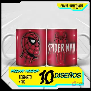 Taza blanca sublimada con diseño 3D inflado de la cabeza de Spider-Man en rojo y logo 'SPIDER-MAN' en el reverso, sobre fondo blanco con rayos de acción. Incluye banner 'ENVIO INMEDIATO' y '10 DISEÑOS' en amarillo.