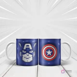 Taza blanca sublimada con diseño 3D inflado de la cara del Capitán América en azul y su escudo icónico en el reverso, sobre fondo blanco con rayos de acción.