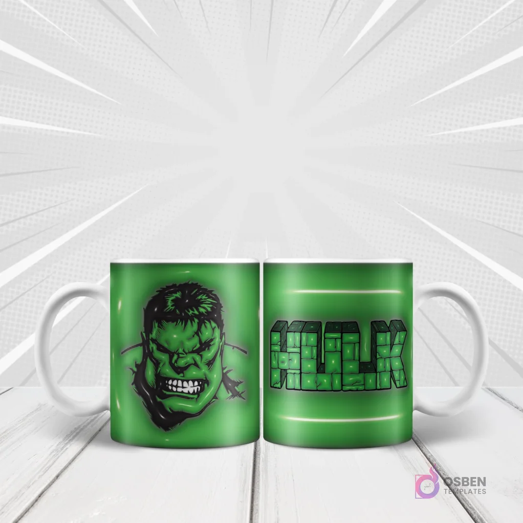 Taza blanca sublimada con diseño 3D inflado de la cara de Hulk en verde y el texto 'HULK' en el reverso, sobre fondo blanco con rayos de acción.