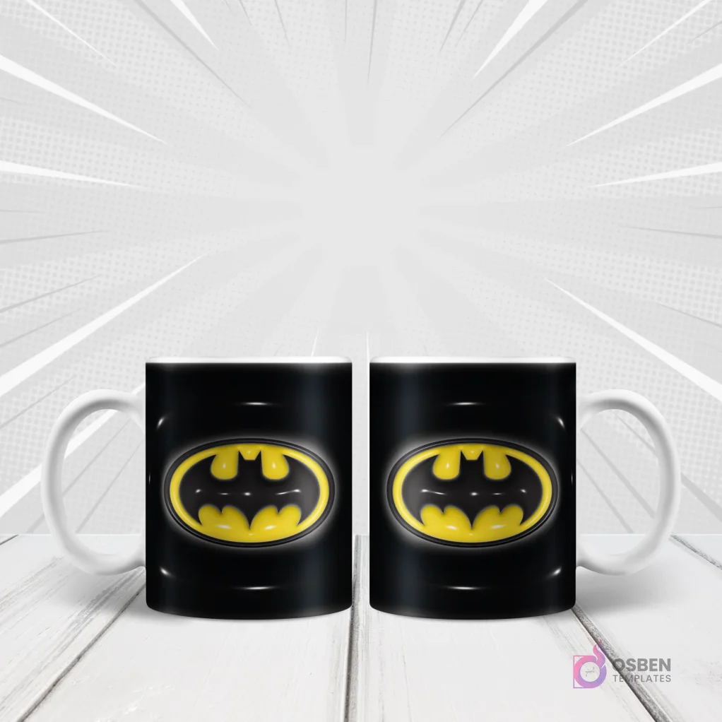 Taza blanca sublimada con el clásico logo de Batman en amarillo y negro con efecto 3D inflado, sobre fondo blanco con rayos de acción.
