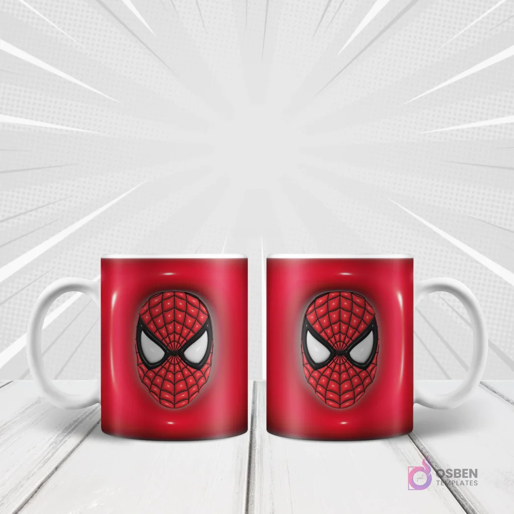 Taza blanca sublimada con diseño 3D inflado de la máscara de Spider-Man (solo ojos) en rojo, repetido en ambos lados, sobre fondo blanco con rayos de acción.