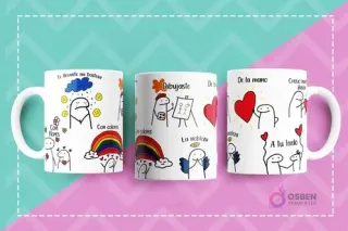 Tazas blancas con diseños de Flork Vol. 3: frases de amor y superación como 'Te llevaste mi tristeza con flores y colores', 'De la mano', 'A tu lado'.