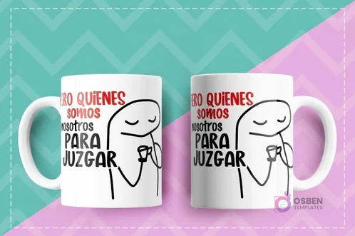 Dos tazas blancas con diseño Flork del meme 'Pero quienes somos nosotros para juzgar' con el personaje sosteniendo una taza.