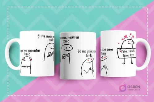 Tazas Flork con frases románticas y divertidas de canciones: 'Si me miras mientras canto que me encantas tanto' y 'Niña, tú me tienes loco'.