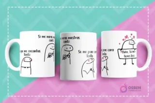 Tazas Flork con frases románticas y divertidas de canciones: 'Si me miras mientras canto que me encantas tanto' y 'Niña, tú me tienes loco'.