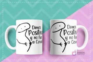 Dos tazas blancas con diseño Flork de embarazo y el texto 'Dimos Positivo y no fue a Covid'.