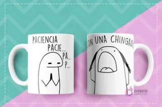 Dos tazas Flork con diseños de humor sobre paciencia: 'Paciencia pacie... pa... p...' y otro Flork gritando 'CON UNA CHINGADA'.