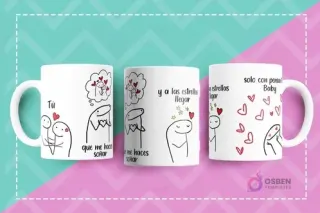 Tazas Flork con diseños de amor y romance: 'Tú que me haces soñar y a las estrellas llegar', 'Solo con pensar en ti Baby'.