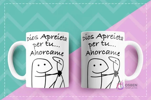 Dos tazas Flork con diseño de humor negro 'Dios Aprieta per tu... Ahorcame' mostrando a Flork siendo ahorcado.