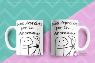 Dos tazas Flork con diseño de humor negro 'Dios Aprieta per tu... Ahorcame' mostrando a Flork siendo ahorcado.