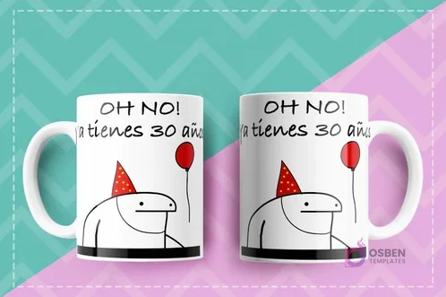 Dos tazas Flork con diseño de cumpleaños 'OH NO! ya tienes 30 años!' con Flork usando gorro de fiesta y globo.