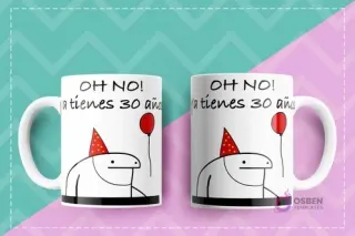 Dos tazas Flork con diseño de cumpleaños 'OH NO! ya tienes 30 años!' con Flork usando gorro de fiesta y globo.