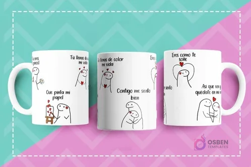 Tazas Flork con diseños románticos y creativos: 'Tú eres pincel que pinta mi papel', 'Tú llenas de color mi vida', 'Eres como te soñé'.