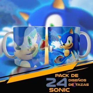 Plantilla para taza de Sonic mostrando su rostro y corriendo, fondo azul con detalles del personaje