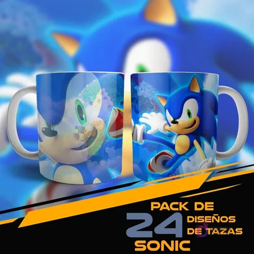 Plantilla para taza de Sonic mostrando su rostro y corriendo, fondo azul con detalles del personaje