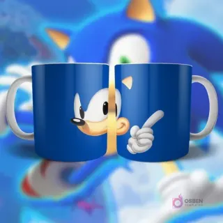 Plantilla para taza de Sonic clásico con su cabeza y una mano de guante blanco señalando
