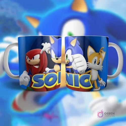 Plantilla para taza con Sonic, Knuckles y Tails en poses de acción, con el logo SONIC