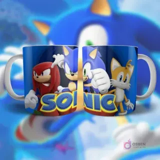 Plantilla para taza con Sonic, Knuckles y Tails en poses de acción, con el logo SONIC