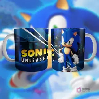 Plantilla para taza de Sonic Unleashed con el logo y Sonic en pose heroica en un entorno urbano