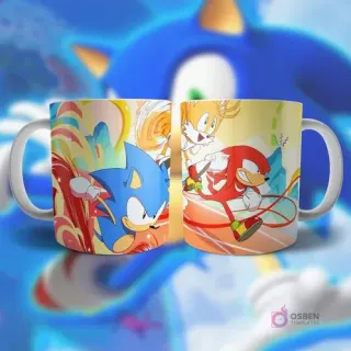 Plantilla para taza de Sonic moderno corriendo con Tails y Knuckles en un estilo artístico animado y colorido