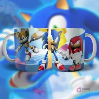 Plantilla para taza con Sonic, Tails y Knuckles en un escenario nevado, listos para la acción