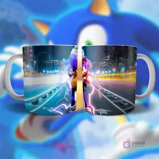 Plantilla para taza de Sonic con efecto de rayo y fondo de ciudad nocturna, estilo dramático