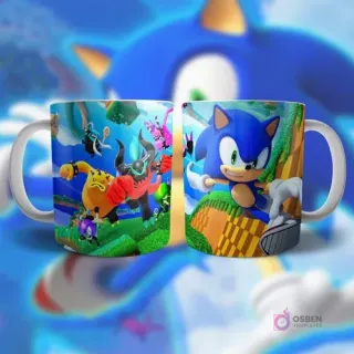 Plantilla para taza con Sonic y otros personajes en escenas de videojuegos, incluyendo Green Hill Zone