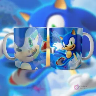 Plantilla para taza de Sonic mostrando su rostro y corriendo, fondo azul con detalles del personaje