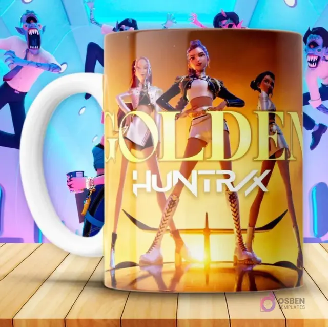 Taza blanca KPOP con diseño Golden Huntrix y cuatro personajes femeninos futuristas