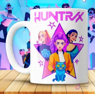 Taza blanca KPOP con diseño chibi de Huntrix Demon Hunter y gato azul en estrella