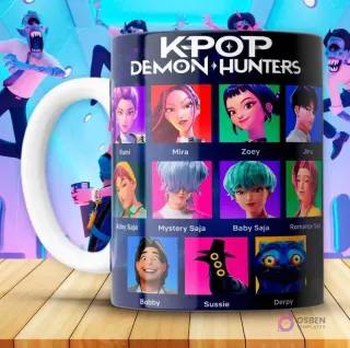 Taza KPOP con cuadrícula de retratos de personajes de KPOP Demon Hunters y sus nombres