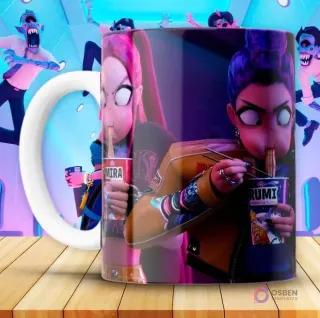 Taza KPOP con dos personajes femeninos de Huntrix Demon Hunter comiendo fideos ramen