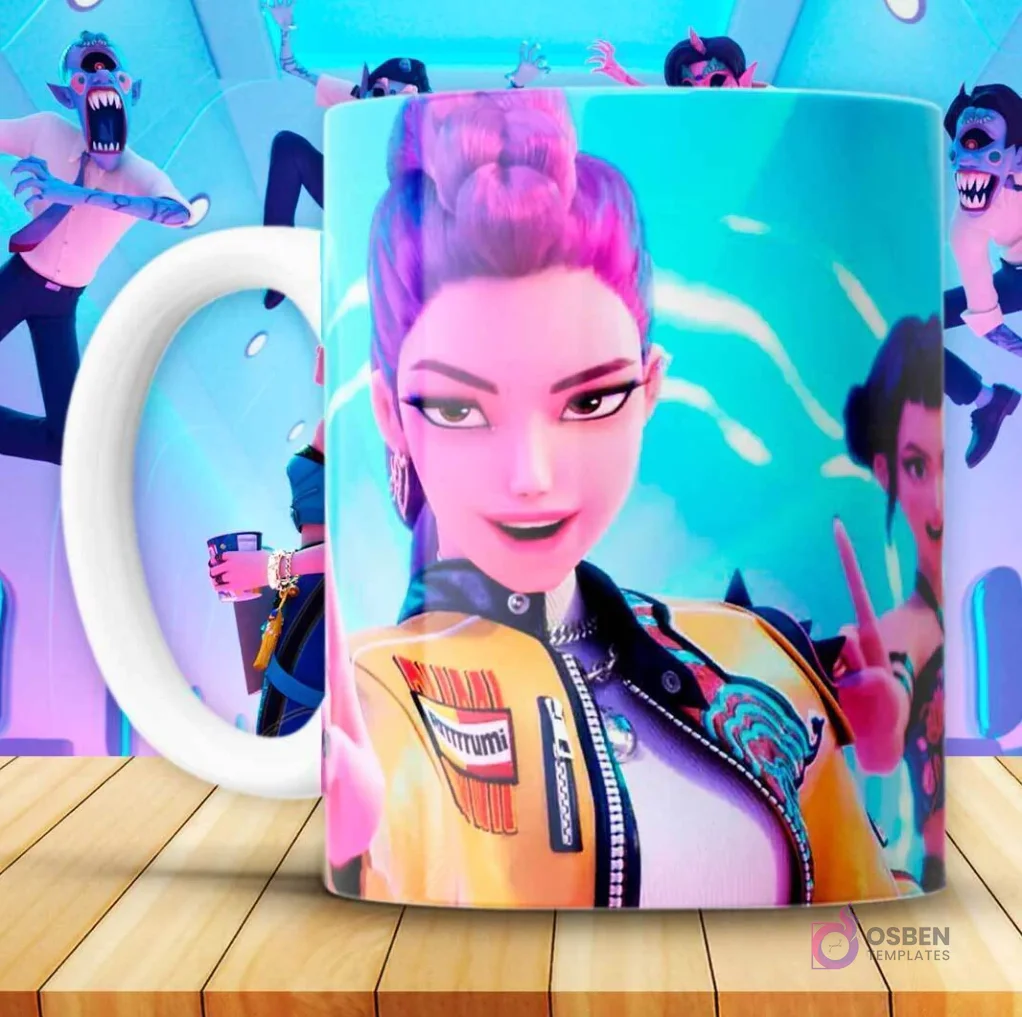 Taza KPOP con personaje femenino de Huntrix Demon Hunter de cabello morado señalando con un dedo