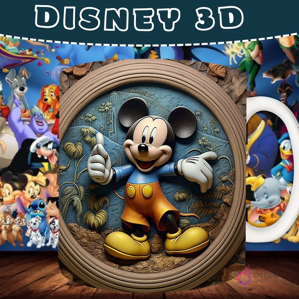 Taza sublimada con diseño 3D de Mickey Mouse sonriendo y haciendo un pulgar arriba, en un marco ornamental.
