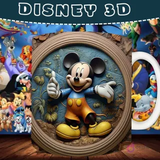 Taza sublimada con diseño 3D de Mickey Mouse sonriendo y haciendo un pulgar arriba, en un marco ornamental.