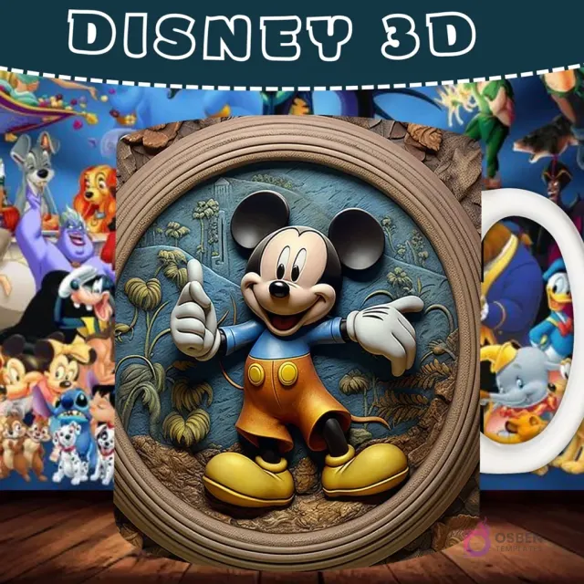 Taza sublimada con diseño 3D de Mickey Mouse sonriendo y haciendo un pulgar arriba, en un marco ornamental.