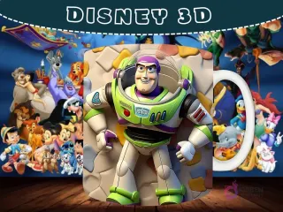 Taza sublimada con diseño 3D de Buzz Lightyear de Toy Story en una pose heroica.