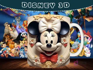 Taza sublimada con diseño 3D de Minnie Mouse con un lazo, en un marco ornamentado con flores.