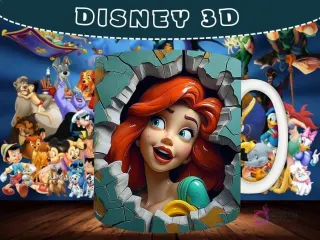 Taza sublimada con diseño 3D de Ariel de La Sirenita sonriendo, emergiendo de una pared rota.