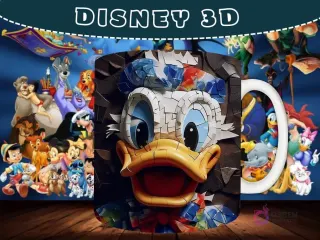 Taza sublimada con diseño 3D de la cara de Donald Duck con un efecto de mosaico y rotura.