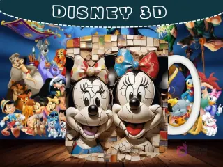 Taza sublimada con diseño 3D de las caras de Mickey y Minnie Mouse con un efecto de mosaico y rotura.