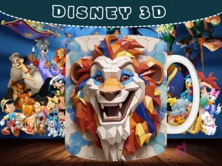 Taza sublimada con diseño 3D de la cabeza de Scar de El Rey León con un efecto geométrico y de mosaico.