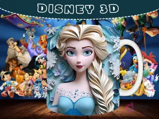 Taza sublimada con diseño 3D de Elsa de Frozen con un elaborado estilo de papel cortado y flores de hielo.