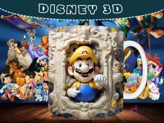 Taza sublimada con diseño 3D de Mario Bros vestido de obrero en un marco ornamental barroco.