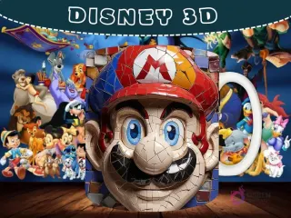 Taza sublimada con diseño 3D de la cara de Mario Bros con un efecto de mosaico y rotura.